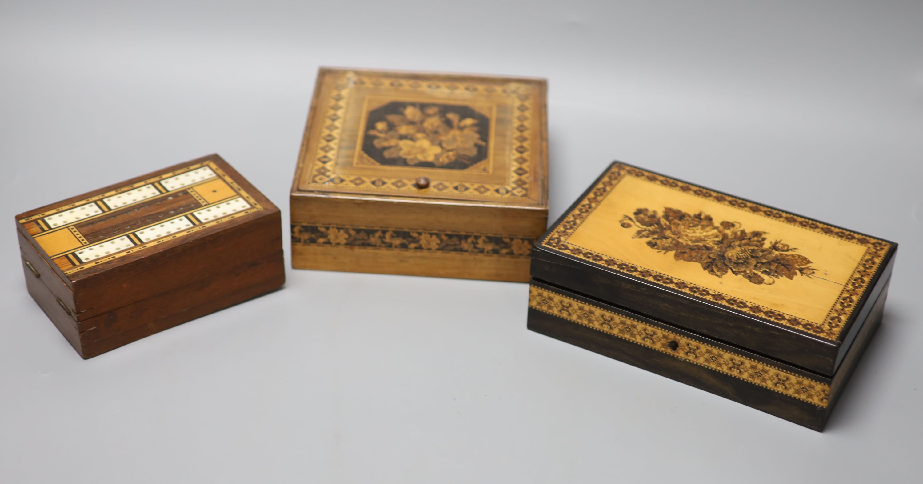 Two Tunbridgeware boxes, one for jewellery and a cribbage board